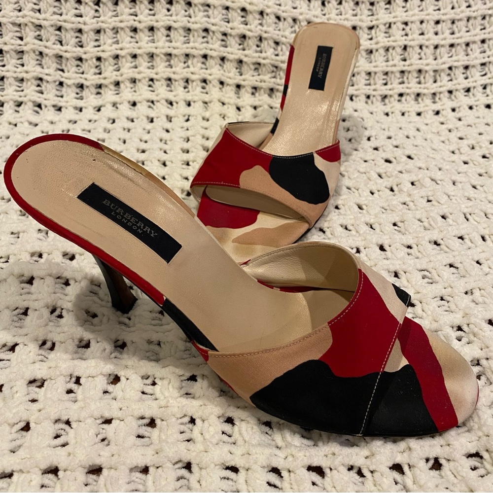 Vintage Burberry London mules / heels - red, blue, tan and cream camouflage